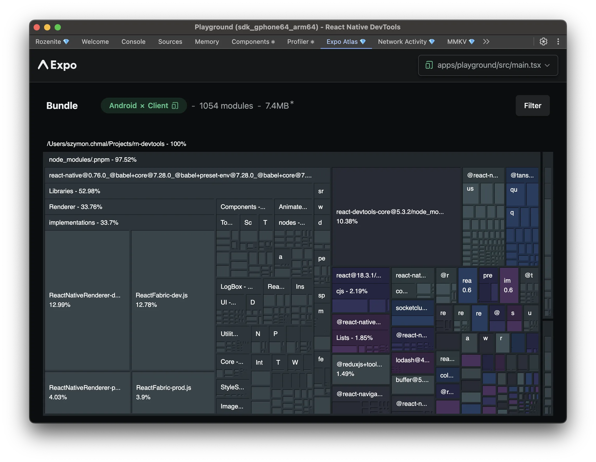 The Expo Atlas panel in React Native DevTools