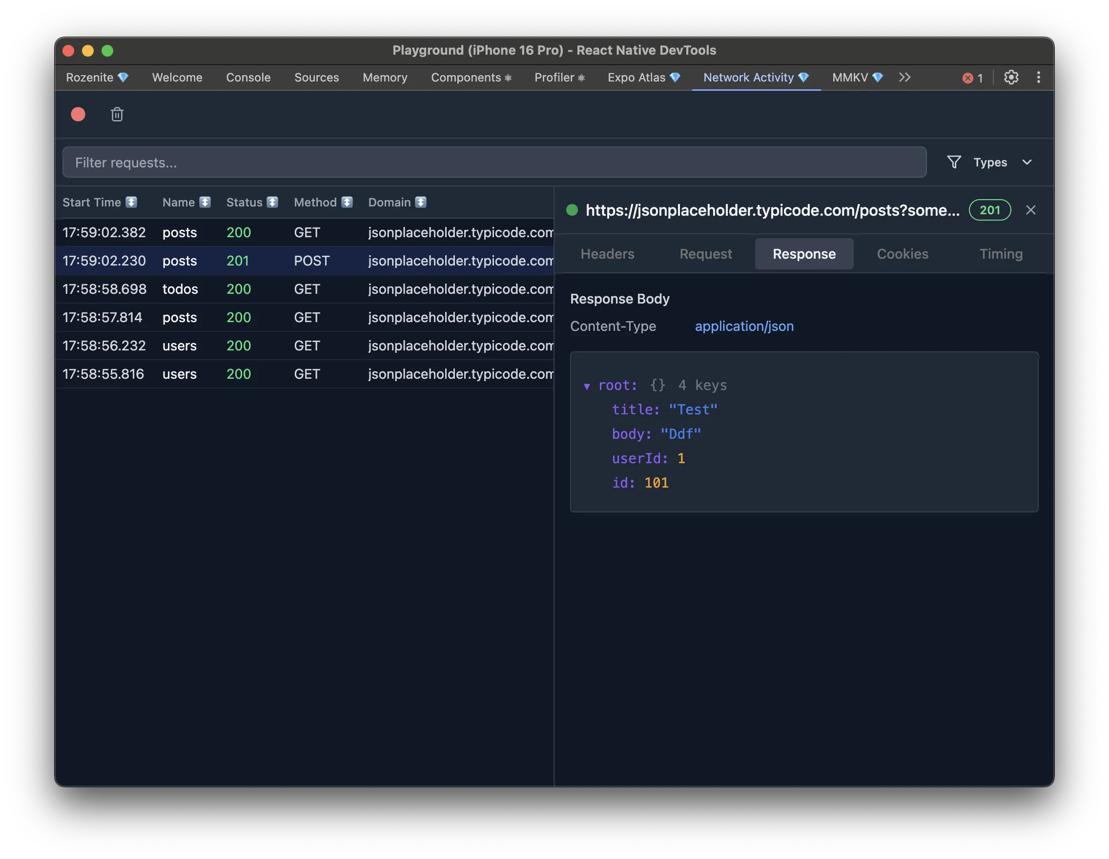 The Network Activity panel in React Native DevTools