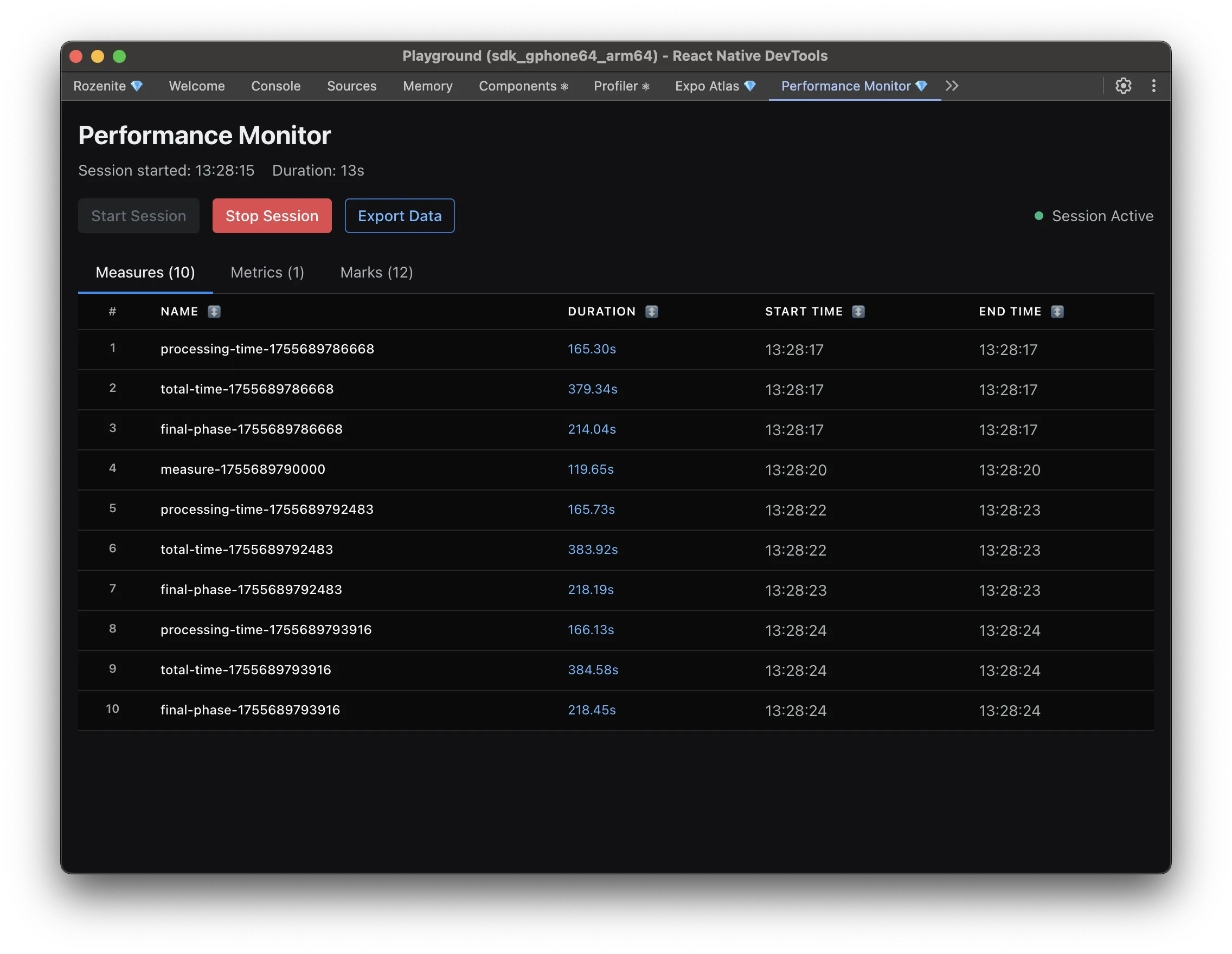The Performance Monitor panel in React Native DevTools