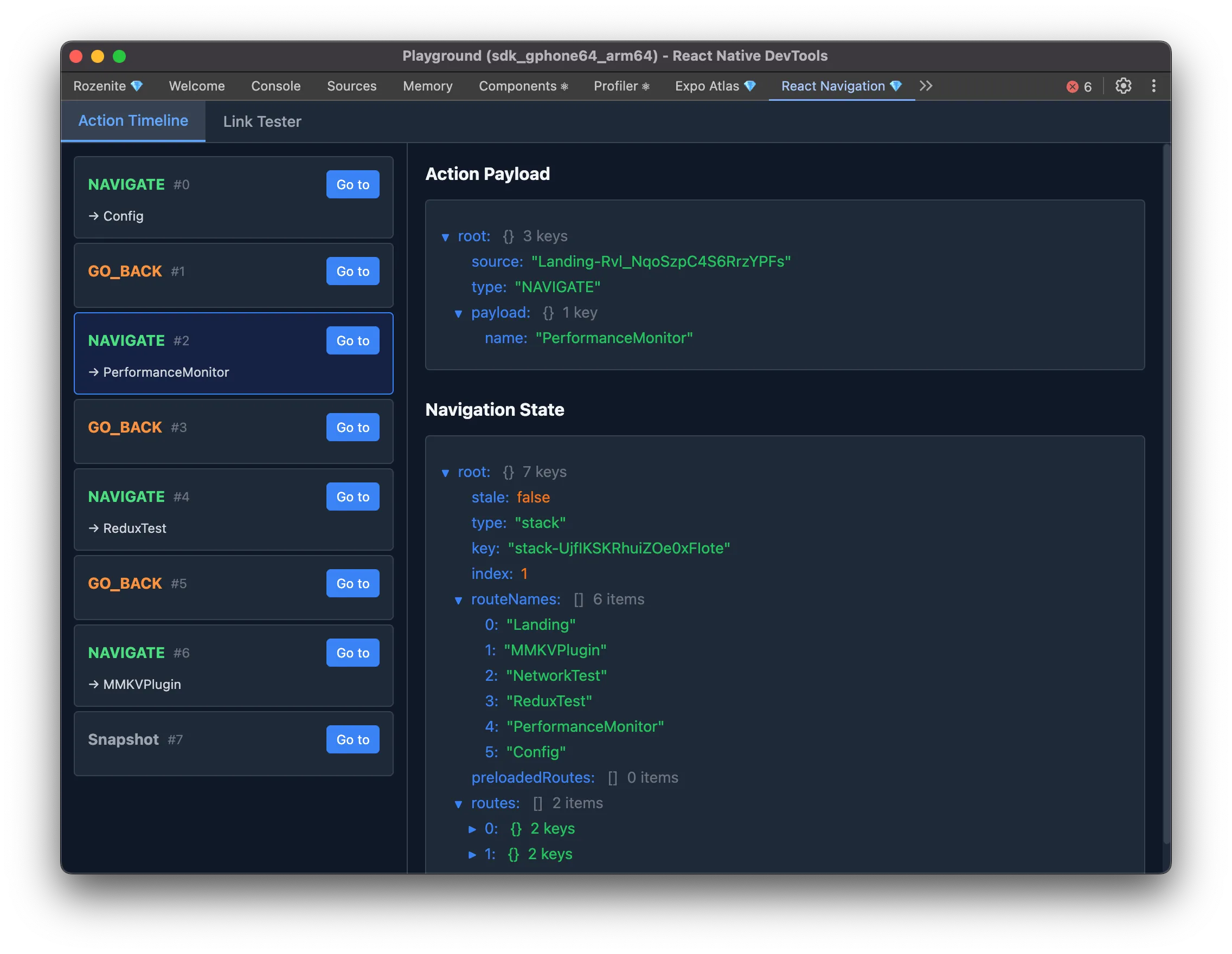 The React Navigation panel in React Native DevTools