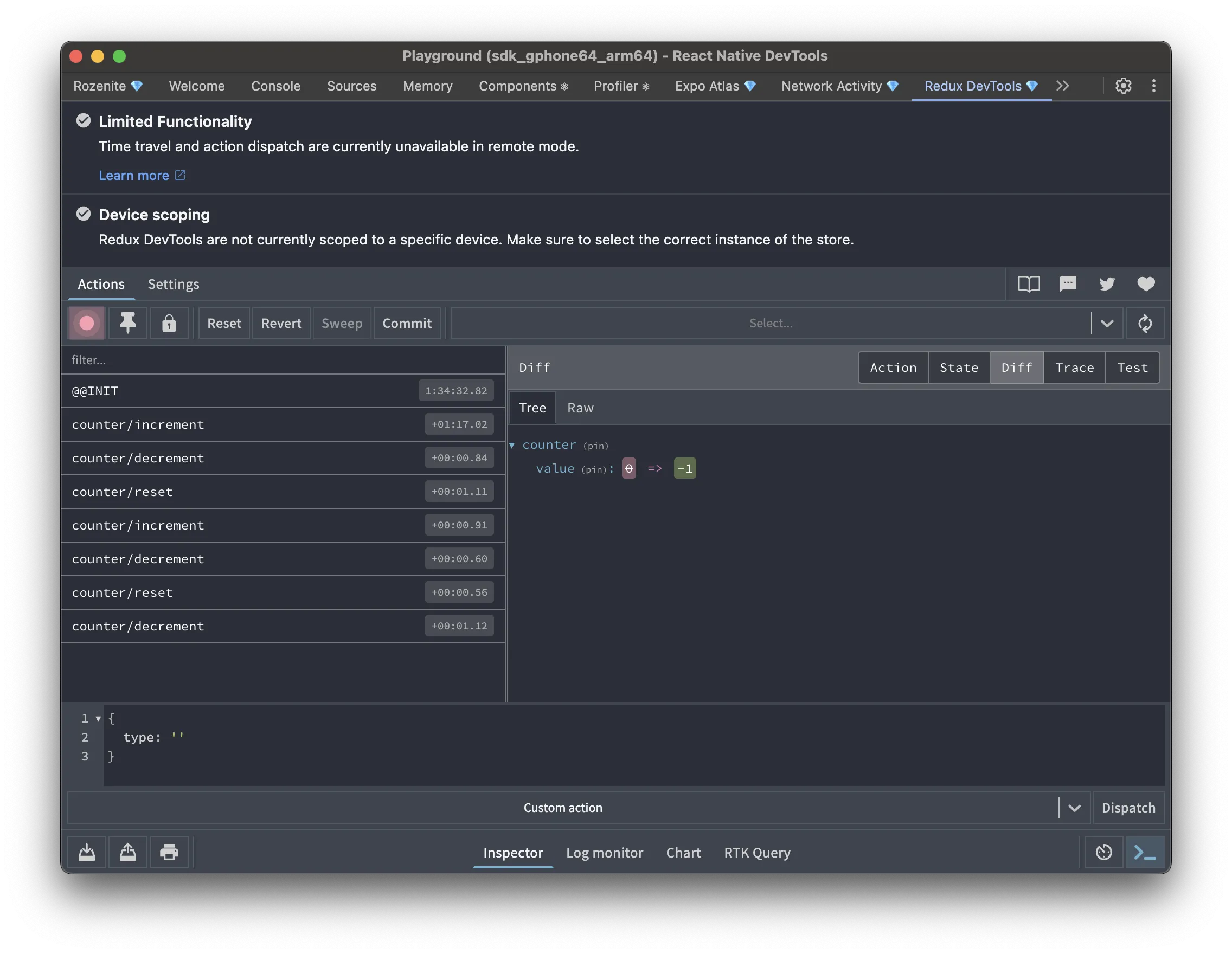 The Redux DevTools panel in React Native DevTools
