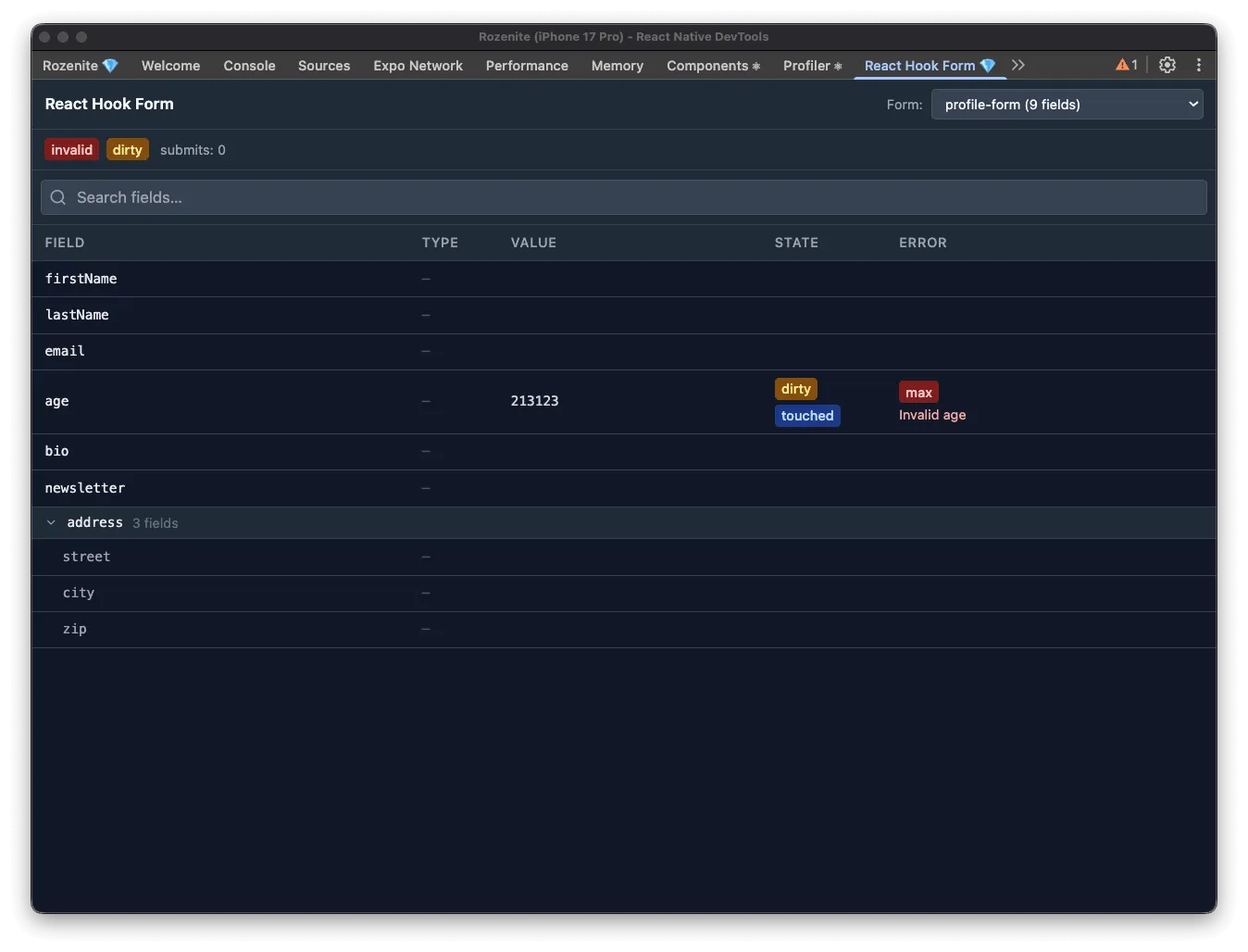 The React Hook Form panel in React Native DevTools