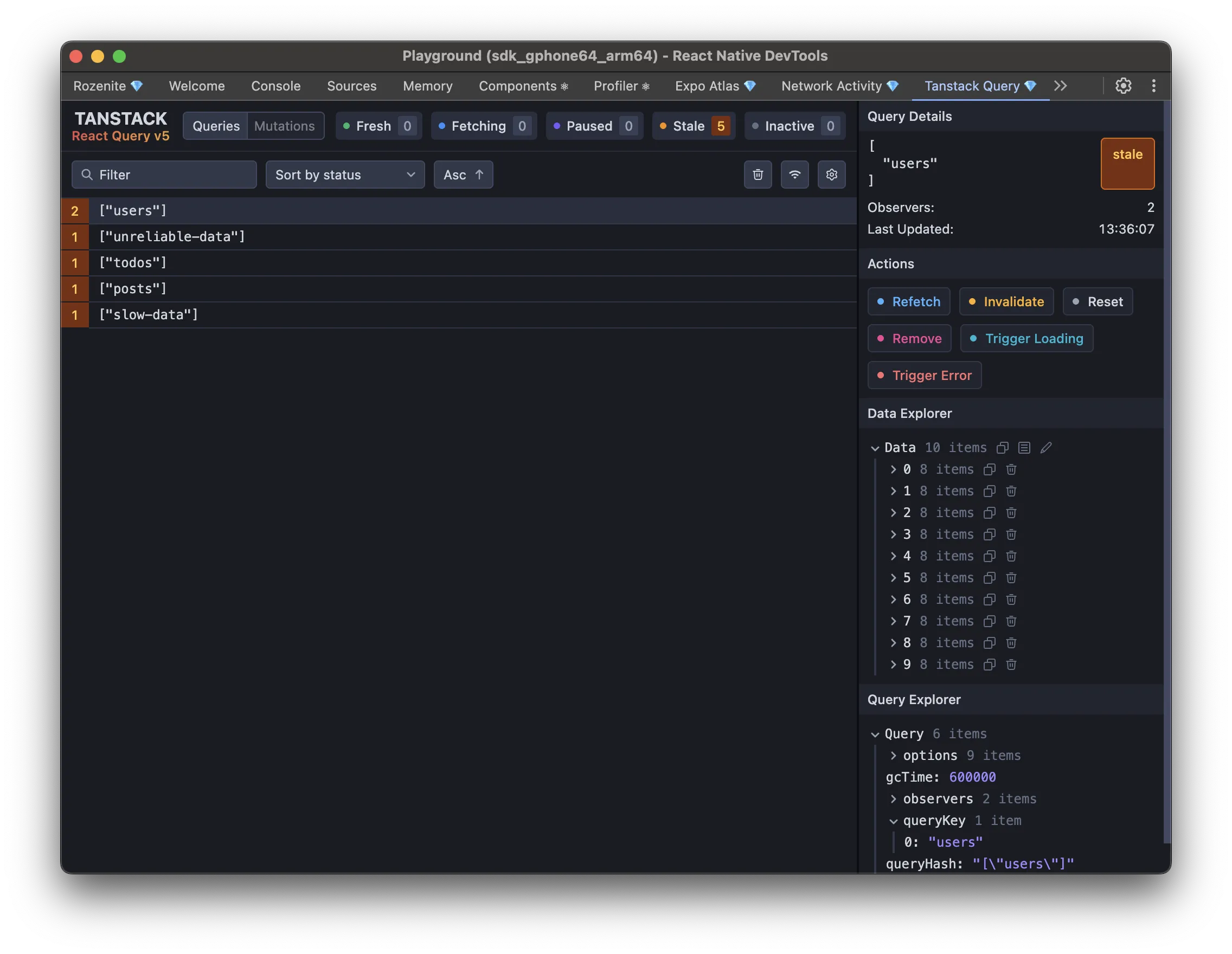 The TanStack Query panel in React Native DevTools