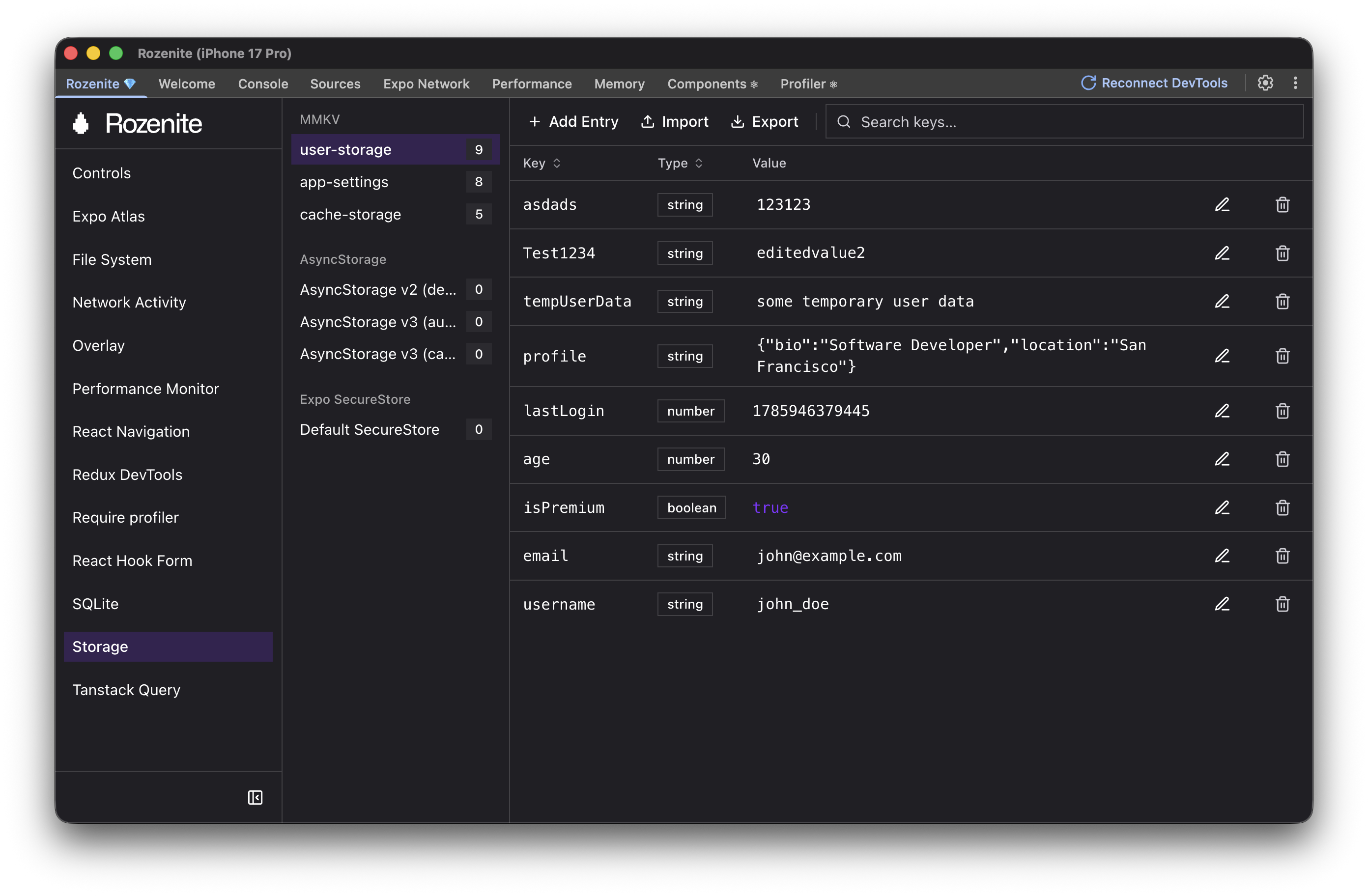 React Native DevTools showing the Rozenite MMKV Storage panel.
